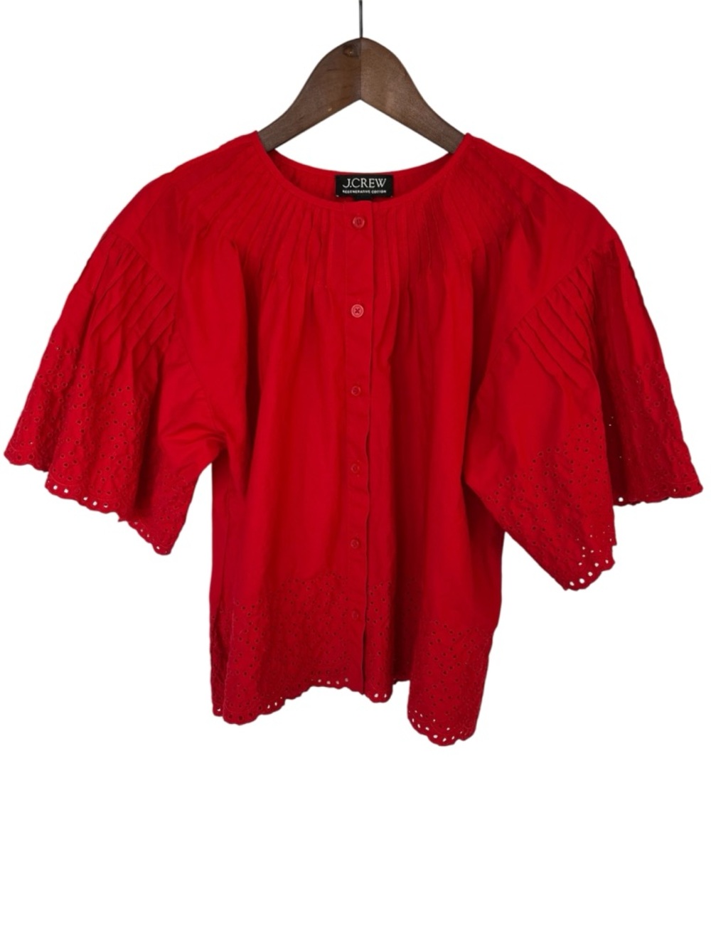 ❤️ J.Crew Jolie Red Eyelet Cotton Poplin Top – Feminine Puff Sleeve Blouse - Picture 5 of 11
